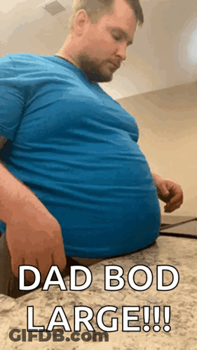 A Man With A Very Large Belly Is Sitting On A Counter And Says Dad Bod Large !! GIF