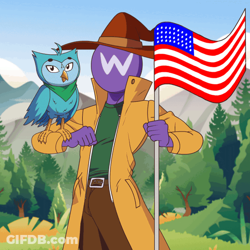 A Man With A W On His Head Holds An American Flag Next To An Owl GIF