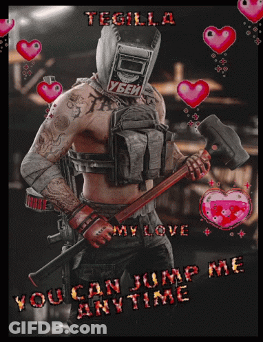 A Man With A Welding Helmet On His Head Is Holding A Large Hammer And The Words " You Can Jump Me Anytime " GIF
