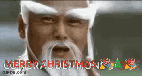 A Man With A White Beard Says Merry Christmas In Red Letters GIF