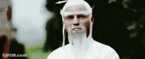 A Man With A White Wig And Beard Is Standing In Front Of A Forest . GIF