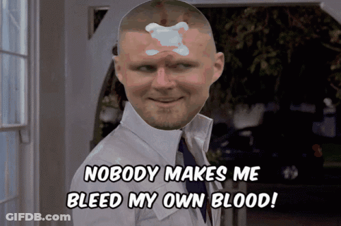 A Man With A White X On His Forehead Says " Nobody Makes Me Bleed My Own Blood ! " GIF
