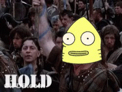 A Man With A Yellow Mask On His Head Is In A Crowd Of People And The Word Hold Is On The Bottom Right GIF