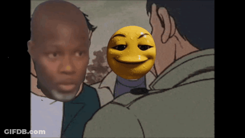 A Man With A Yellow Smiley Face On His Face Talks To Another Man GIF