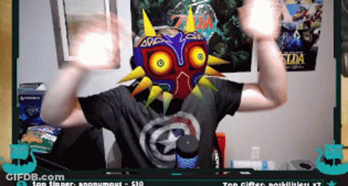 A Man With A Zelda Mask On His Head GIF