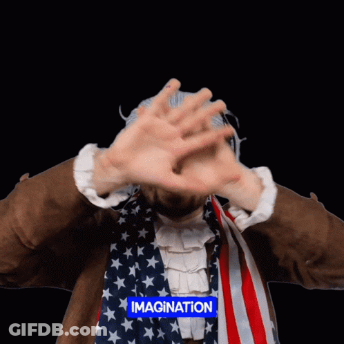 A Man With An American Flag Covering His Face With His Hands And The Word Imagination Above Him GIF