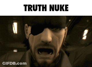 A Man With An Eye Patch Is Screaming With The Words " Truth Nuke " Below Him GIF
