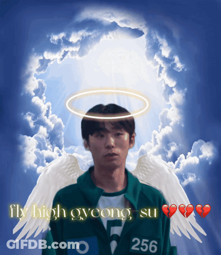 A Man With Angel Wings And The Words Fly High Gyeong Su Below Him GIF