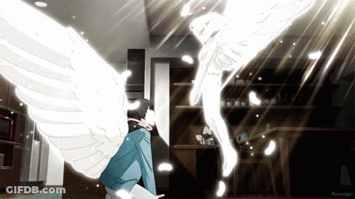A Man With Angel Wings Is Kneeling In Front Of A Skeleton GIF