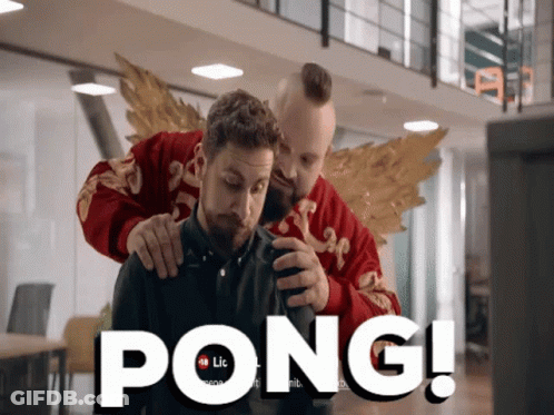 A Man With Angel Wings Is Putting His Hand On Another Man 'S Neck And The Word Pong Is Visible GIF