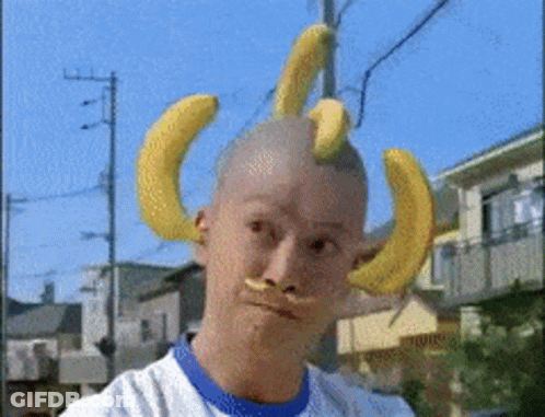 A Man With Bananas On His Head And A Fake Mustache GIF