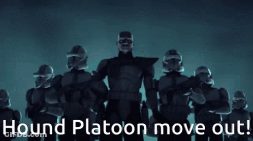 A Man With Binoculars On His Head And The Words " Hound Platoon Move Out " Below Him GIF