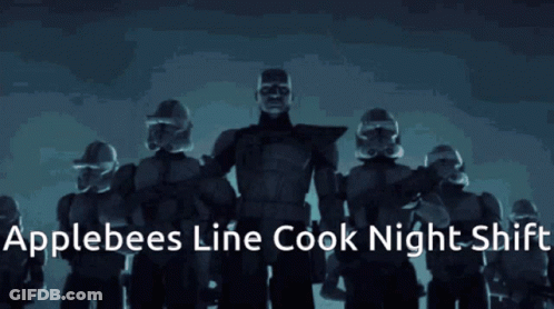 A Man With Binoculars On His Head With The Words Applebees Line Cook Night Shift Above Him GIF