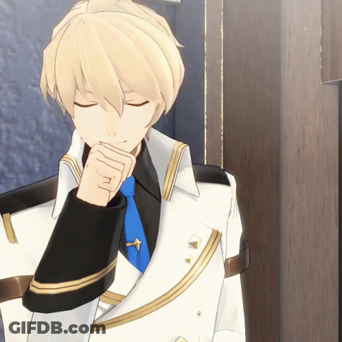 A Man With Blonde Hair And A Blue Tie Has His Eyes Closed And His Hands Folded GIF