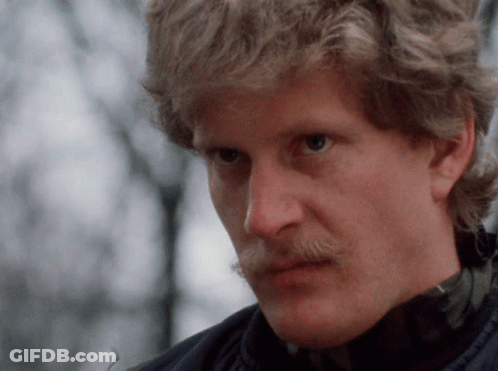 A Man With Blonde Hair And A Mustache Is Looking At The Camera GIF