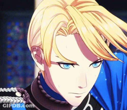 A Man With Blonde Hair And Blue Eyes Is Wearing A Black And Blue Uniform GIF
