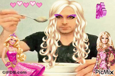 A Man With Blonde Hair Is Holding A Spoon In Front Of A Bowl Of Cereal Next To A Barbie Doll GIF