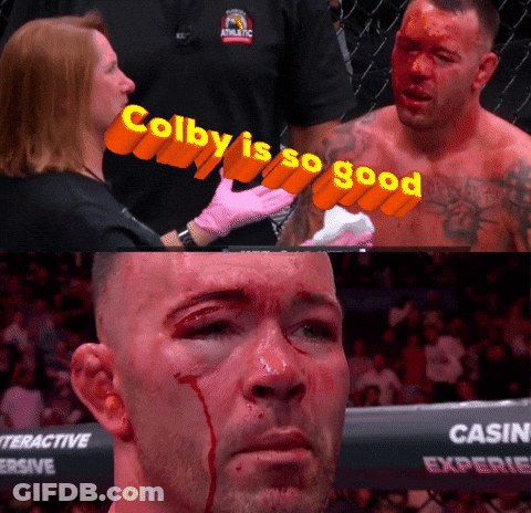 A Man With Blood On His Face And The Words Colby Is So Good Behind Him GIF