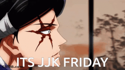 A Man With Blood On His Face And The Words " Its Jjk Friday " GIF