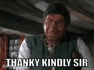 A Man With Blood On His Face Is Making A Funny Face And Saying `` Thanky Kindly Sir '' . GIF
