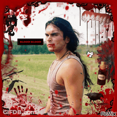 A Man With Blood On His Face Is Surrounded By Bloody Images GIF