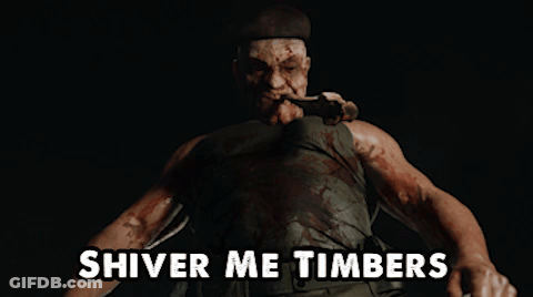 A Man With Blood On His Shirt Is Holding A Hammer And The Words Shiver Me Timbers Are Above Him GIF