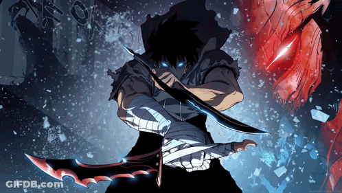 A Man With Blue Eyes Is Holding A Sword In Front Of A Red Monster GIF