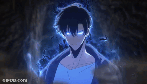 A Man With Blue Eyes Is Standing In The Dark With A Glowing Aura Around Him . GIF