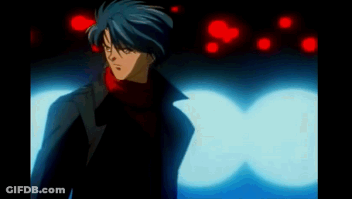 A Man With Blue Hair And A Red Scarf Is Standing In Front Of A Blue Light GIF