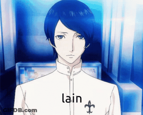 A Man With Blue Hair And A White Shirt That Says Lain GIF