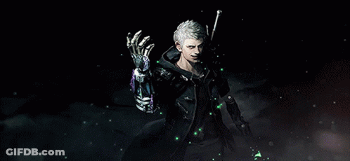 A Man With Blue Hair Is Holding A Gun That Says ' Devil May Cry ' On The Front GIF