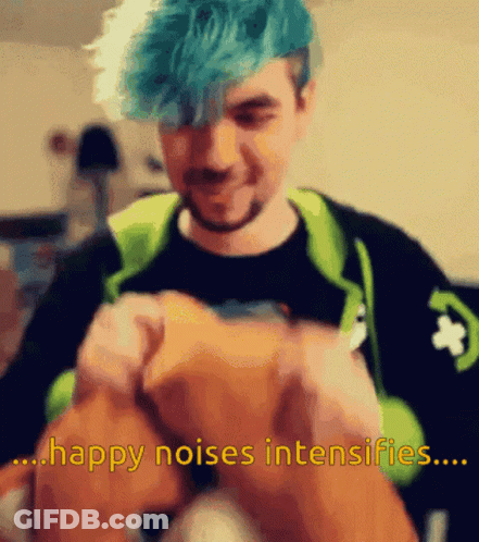 A Man With Blue Hair Is Holding A Stuffed Animal And Says Happy Noises Intensifies GIF