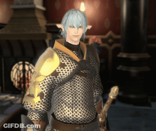 A Man With Blue Hair Is Holding A Sword In A Video Game GIF