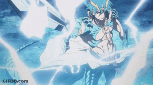 A Man With Blue Hair Is Holding A Sword In His Hand GIF