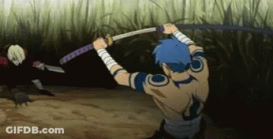A Man With Blue Hair Is Holding A Sword While Another Man Is Holding A Sword . GIF