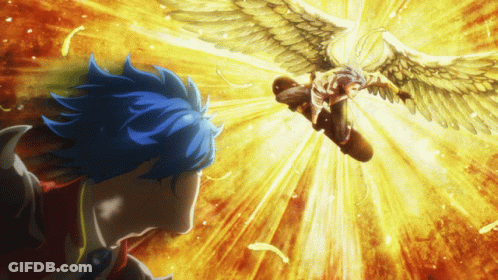 A Man With Blue Hair Is Looking At A Person With Angel Wings GIF