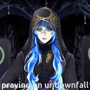 A Man With Blue Hair Is Praying On Ur Downfall In A Dark Room GIF