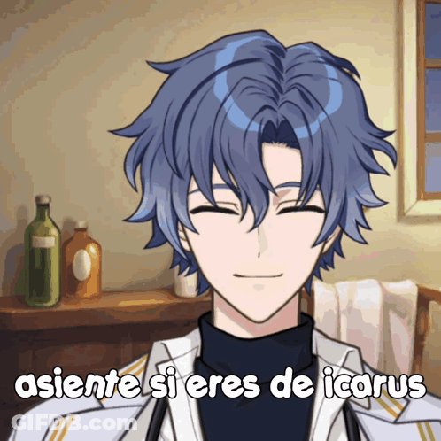 A Man With Blue Hair Is Smiling And Has The Words Asiente Si Eres De Icarus Above Him GIF