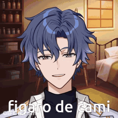 A Man With Blue Hair Is Smiling In A Bedroom With The Words Figaro De Cami Written On His Face GIF