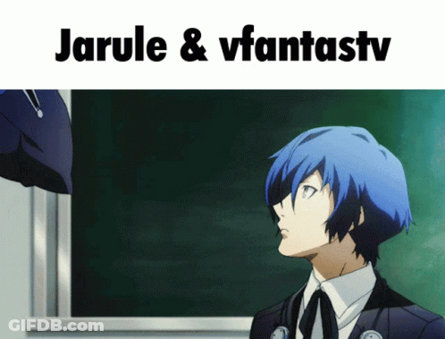 A Man With Blue Hair Is Standing In Front Of A Blackboard With The Words Jarule & Vfantastv Above Him GIF