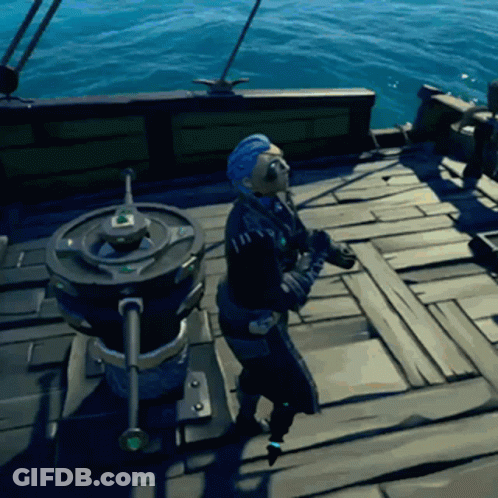 A Man With Blue Hair Is Standing On A Boat Looking At The Water GIF