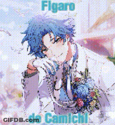 A Man With Blue Hair Is Wearing A White Suit And Tie With A Bouquet Of Flowers . GIF