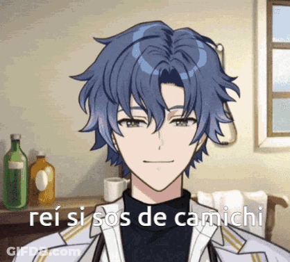 A Man With Blue Hair Says Rei Si Sos De Camichi GIF