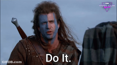 A Man With Blue Paint On His Face Is Holding A Sword And Saying Do It GIF