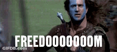 A Man With Blue Paint On His Face Is Holding A Sword And The Word Freedom Is On The Screen . GIF