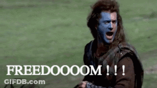 A Man With Blue Paint On His Face Is Screaming In A Field With The Words Freedoooom !!! Written Below Him . GIF