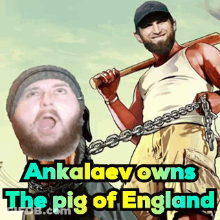 A Man With Chains Around His Neck Is Holding A Baseball Bat And The Words " Ankalev Owns The Pig Of England " GIF