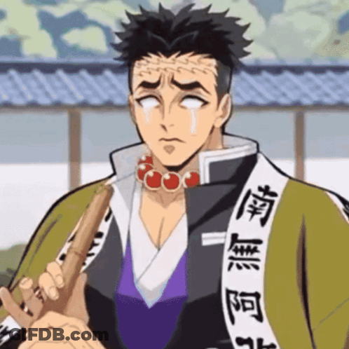 A Man With Chinese Writing On His Sleeve Is Holding A Flute And Crying GIF