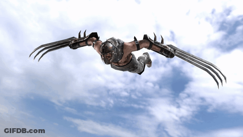 A Man With Claws On His Arms Is Flying In The Sky GIF