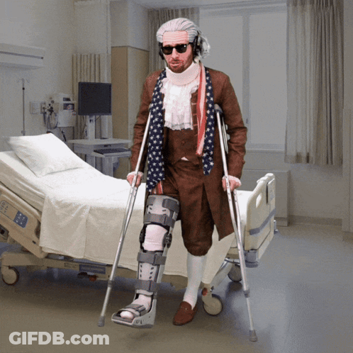 A Man With Crutches Standing In Front Of A Hospital Bed That Says ' Ec ' On It GIF